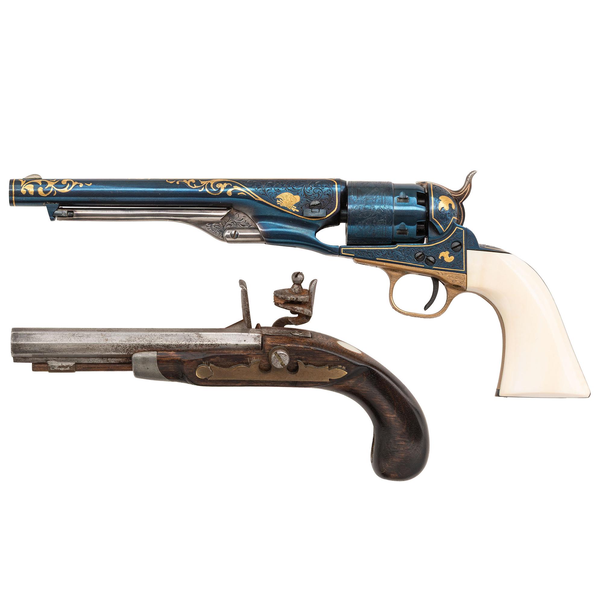 Miniature Cased US Historical Society Colt Model 1860 Army Revolver in Presentation Case with Miniature Flintlock Pistol