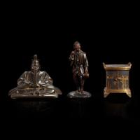 Two small Japanese patinated figures and a parcel-gilt metal miniature cabinet, Komai 19th-first part 20th century