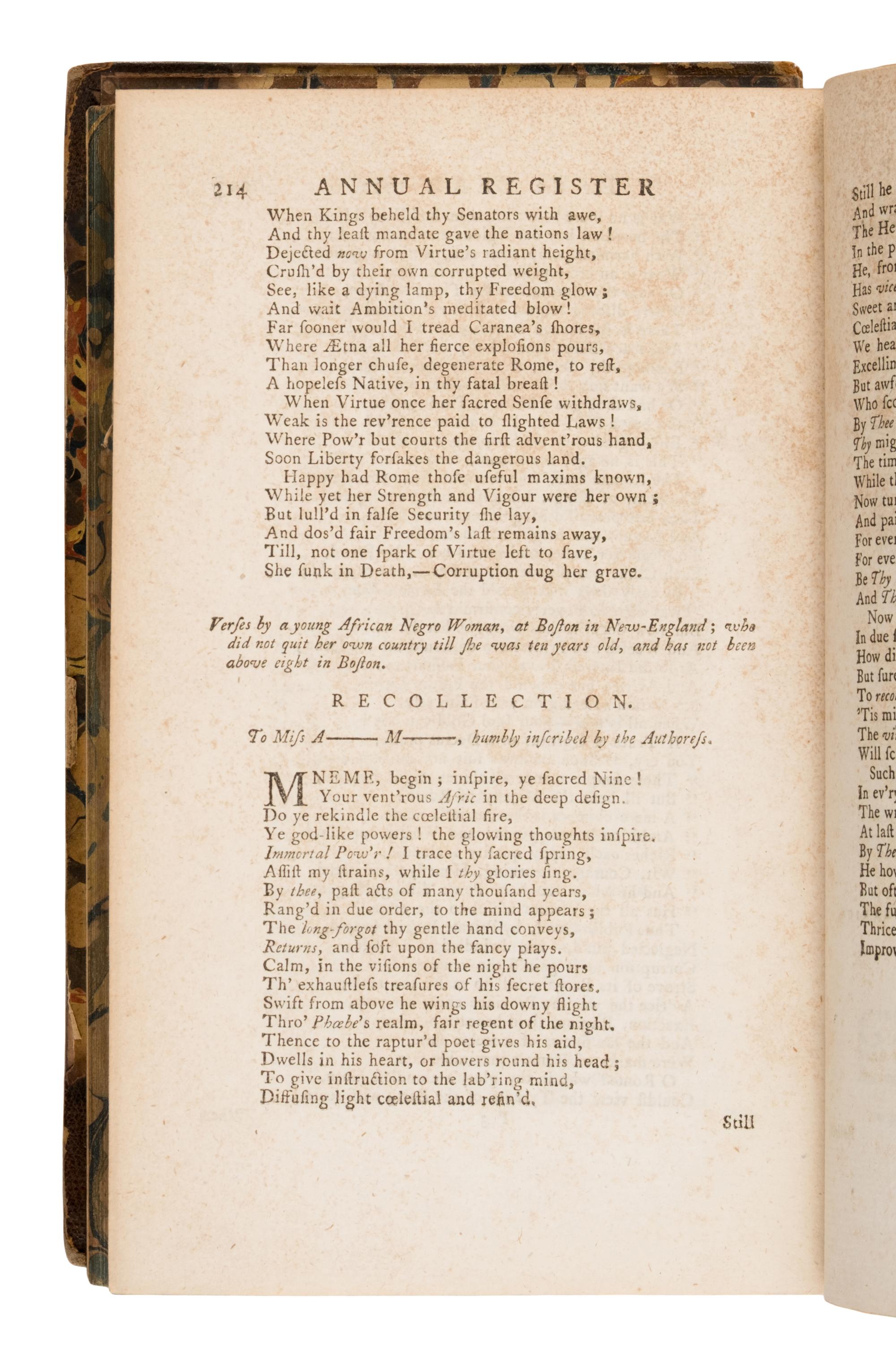 [African American]. -- [Wheatley, Phillis (1753-1784)]. "Recollection. To Miss A__ M__, Humbly Inscribed by the Authoress." In: The Annual Register... for the Year 1772 . London: for J. Dodsley, 1773.