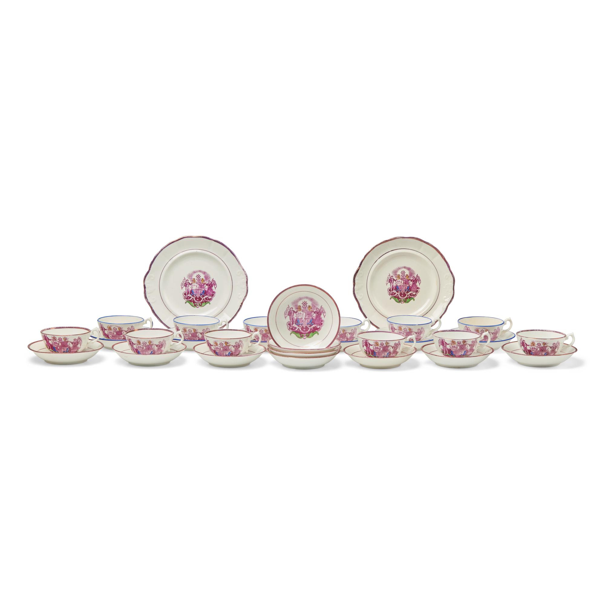 An Assembled Set of Staffordshire Pink Sunderland Temperance Society Movement Lustreware Teacups and Saucers