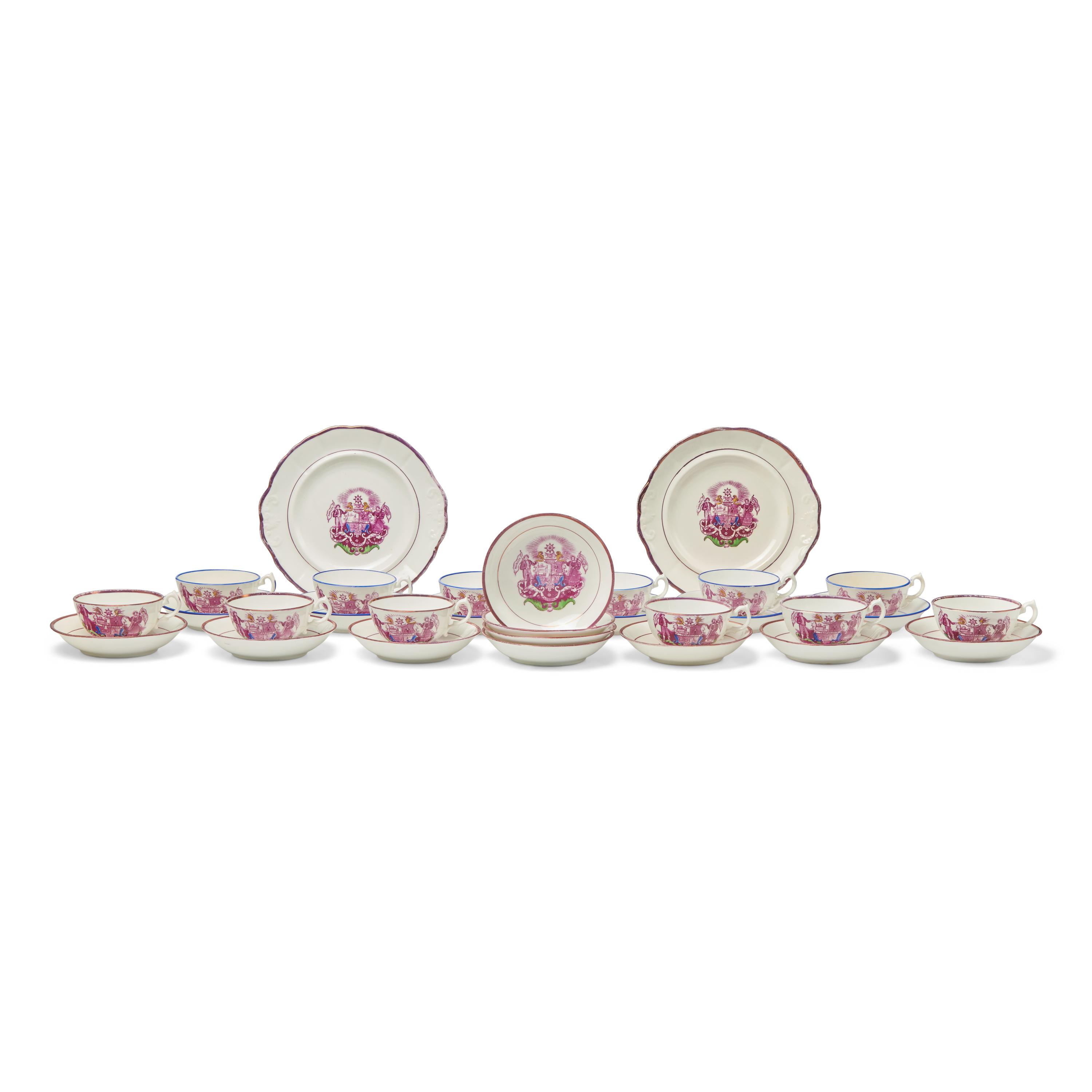 An Assembled Set of Staffordshire Pink Sunderland Temperance Society Movement Lustreware Teacups and Saucers