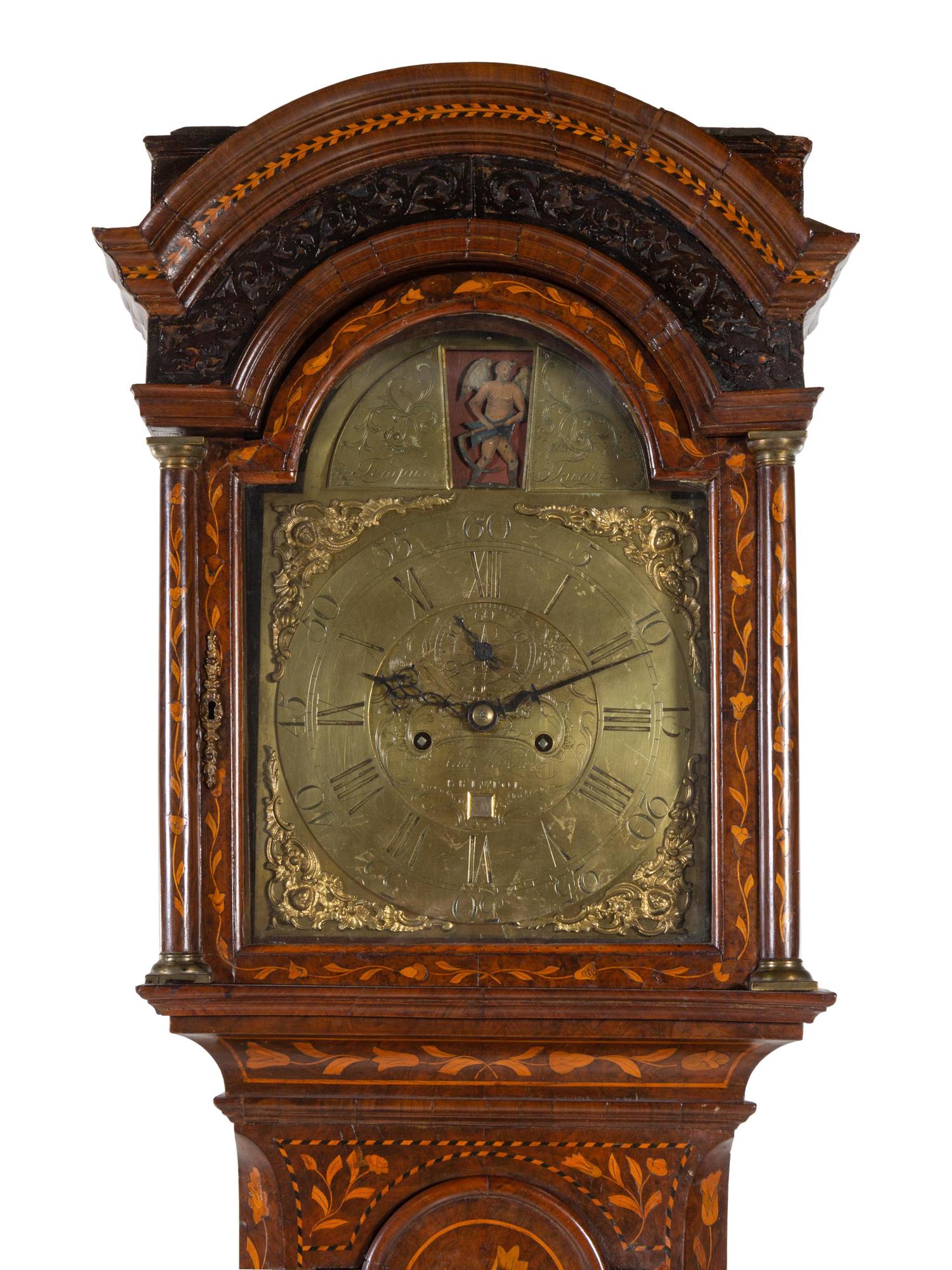 A Dutch Marquetry Decorated Tall Case Clock