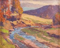Kenneth R. Nunamaker (American, 1890-1957) and Alfred Nunamaker (American, 1915-1988) — Christmas Morning, Autumn, and The Brook (Three Works by Kenneth R. Nunamaker) ; together with Waterfall and Winter Brook (Two Works by Alfred Nunamaker)