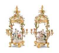 A Pair of French Gilt Bronze and Porcelain Figural Four-Light Candelabra