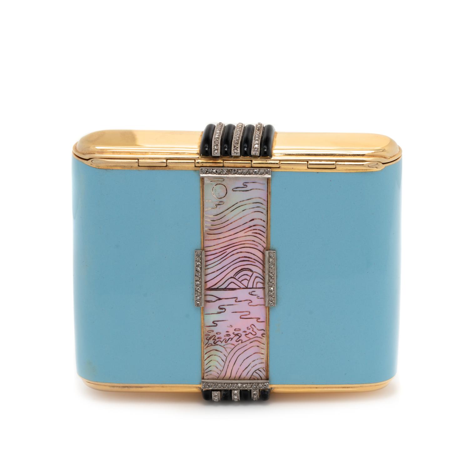 A Vladimir Makovsky Decorated Art Deco Gold and Diamond, Platinum, Mother of Pearl and Hardstone-Mounted Enameled Cigarette Case