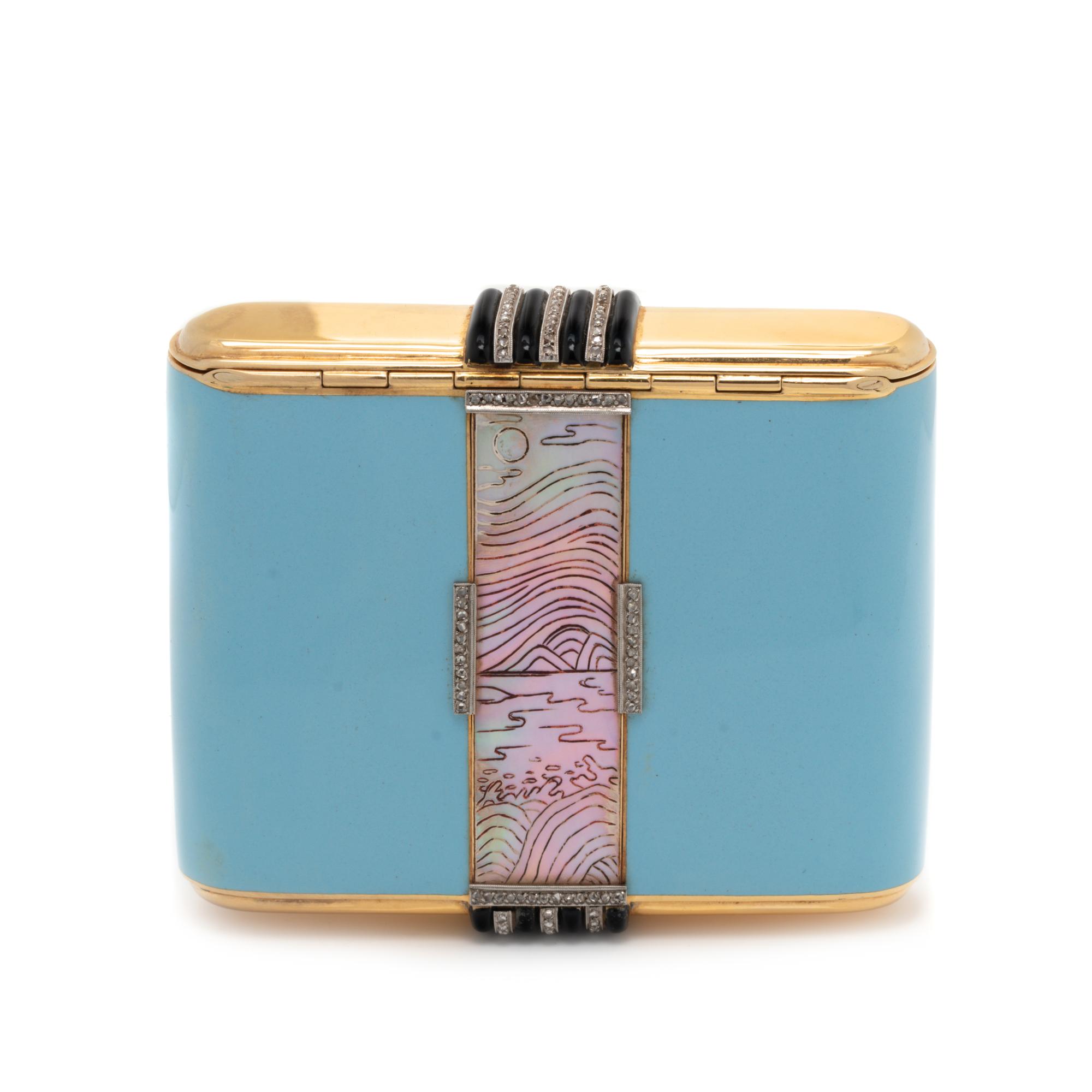 A Vladimir Makovsky Decorated Art Deco Gold and Diamond, Platinum, Mother of Pearl and Hardstone-Mounted Enameled Cigarette Case