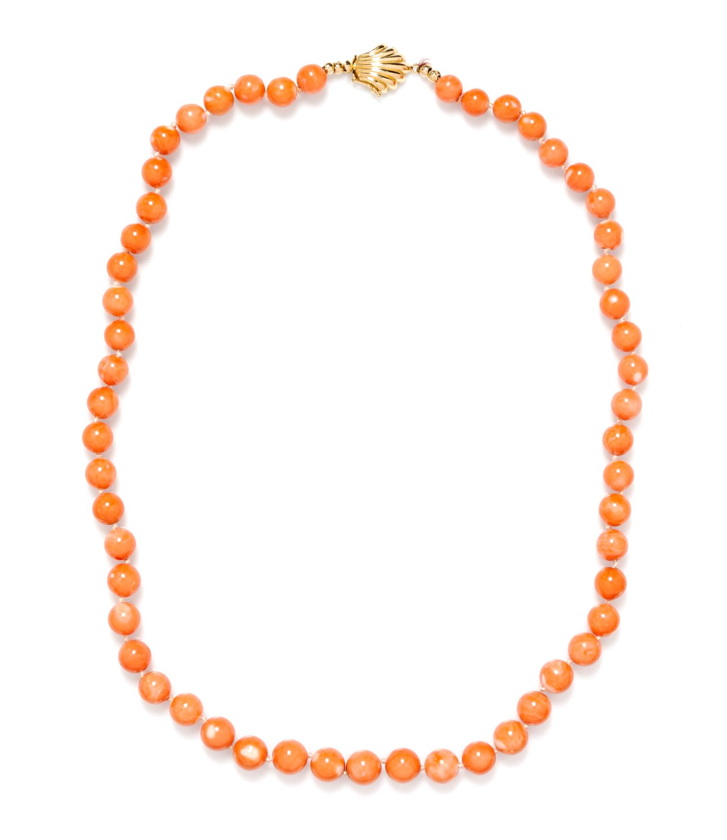 An 18 Karat Yellow Gold and Graduated Coral Bead Necklace,