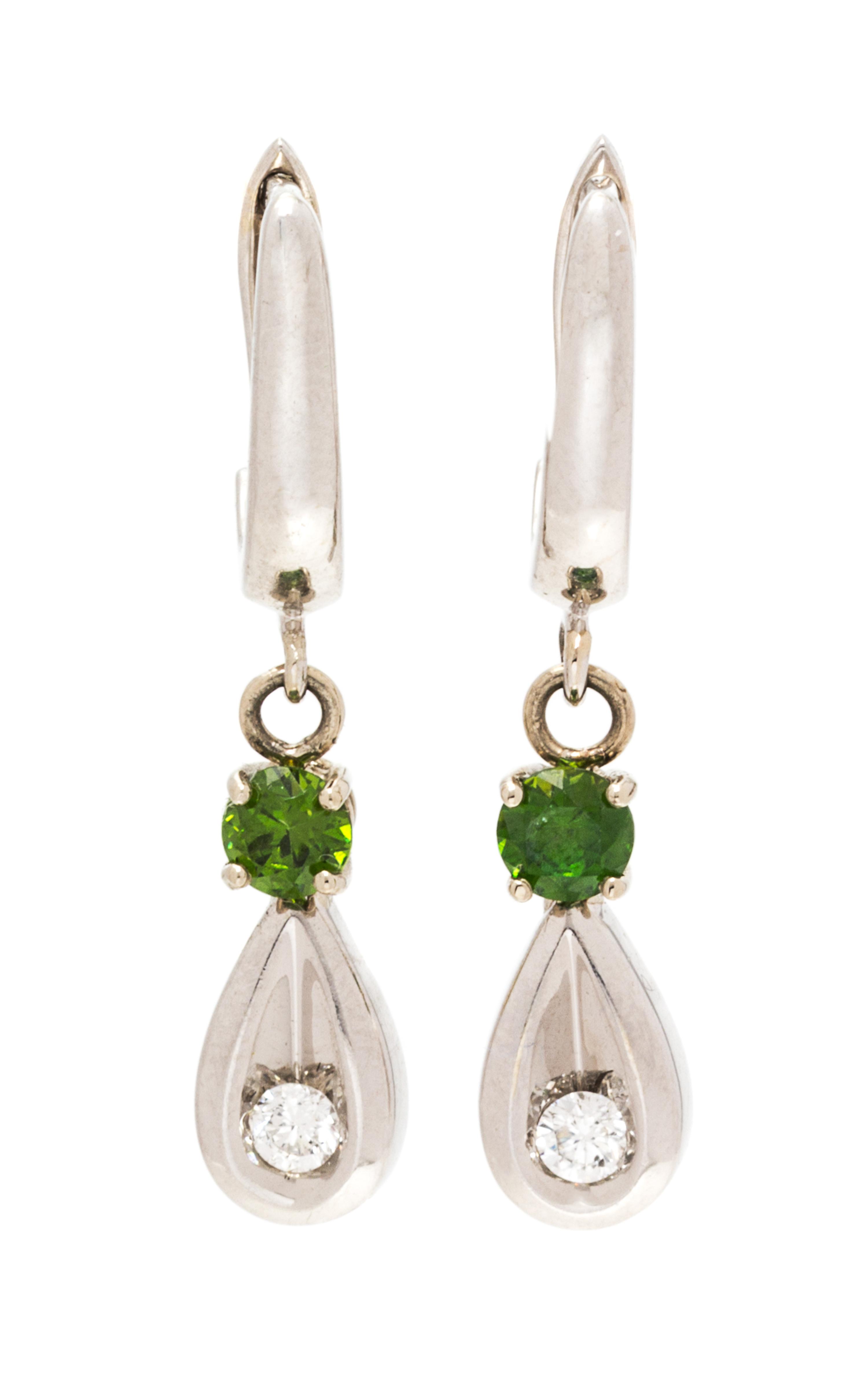 A Pair of 14 Karat White Gold, Demantoid Garnet and Diamond Earrings, 2.50 dwts.