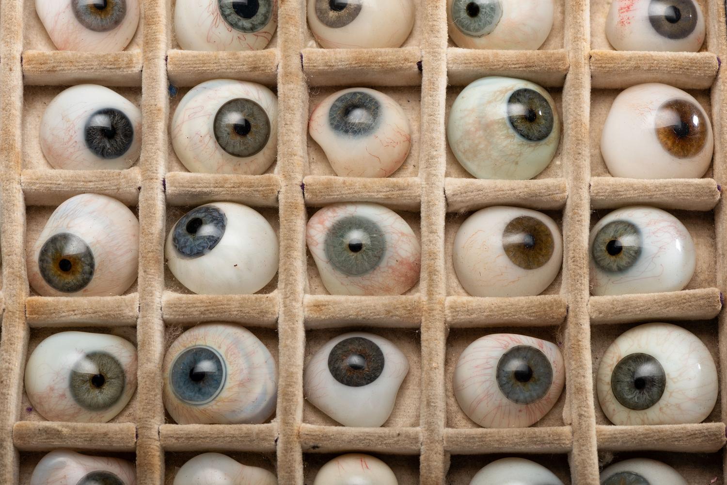 A Cased Set of Fifty Colored Glass Prosthetic Eyes