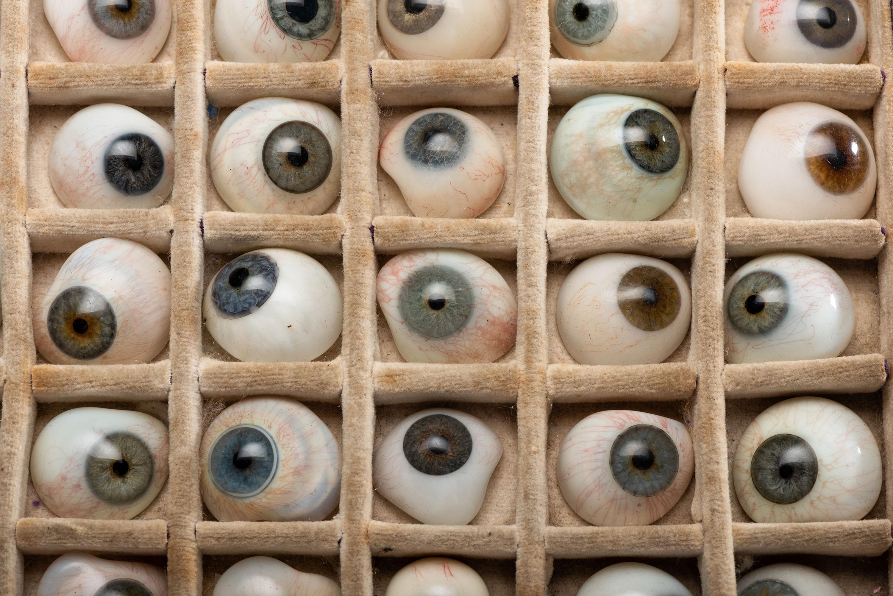 A Cased Set of Fifty Colored Glass Prosthetic Eyes