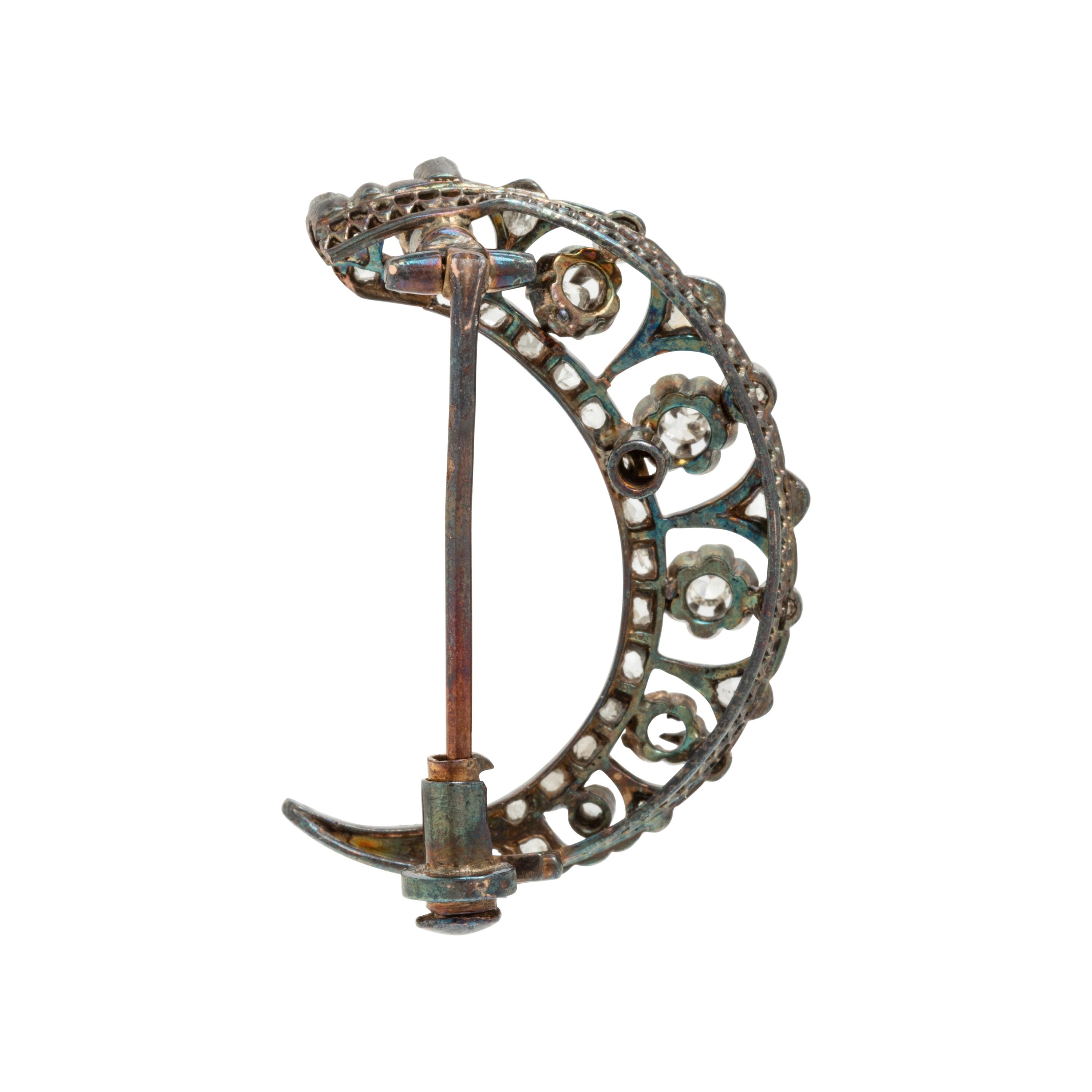 Antique, Silver-Topped Gold and Diamond Crescent Brooch