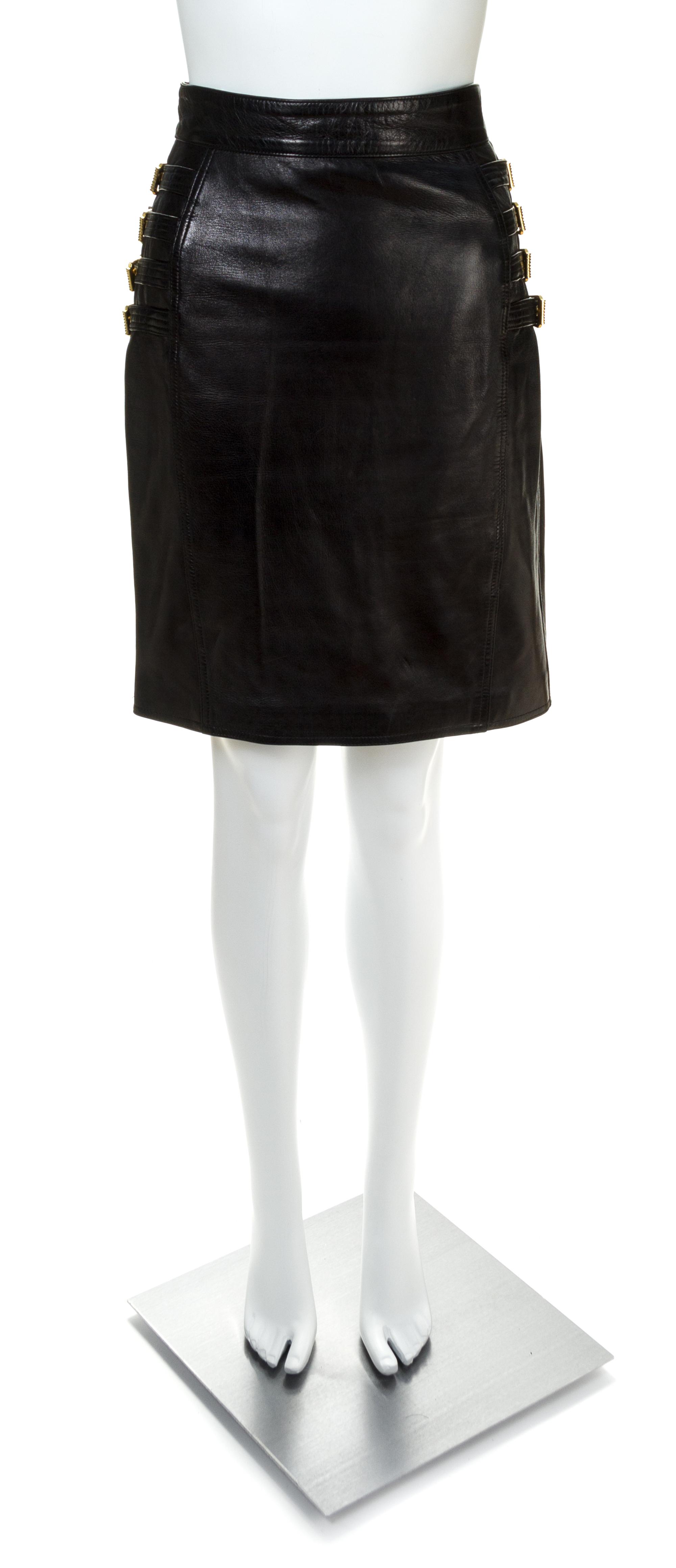 A Gianni Versace Black Leather Bondage Skirt, Size 42.