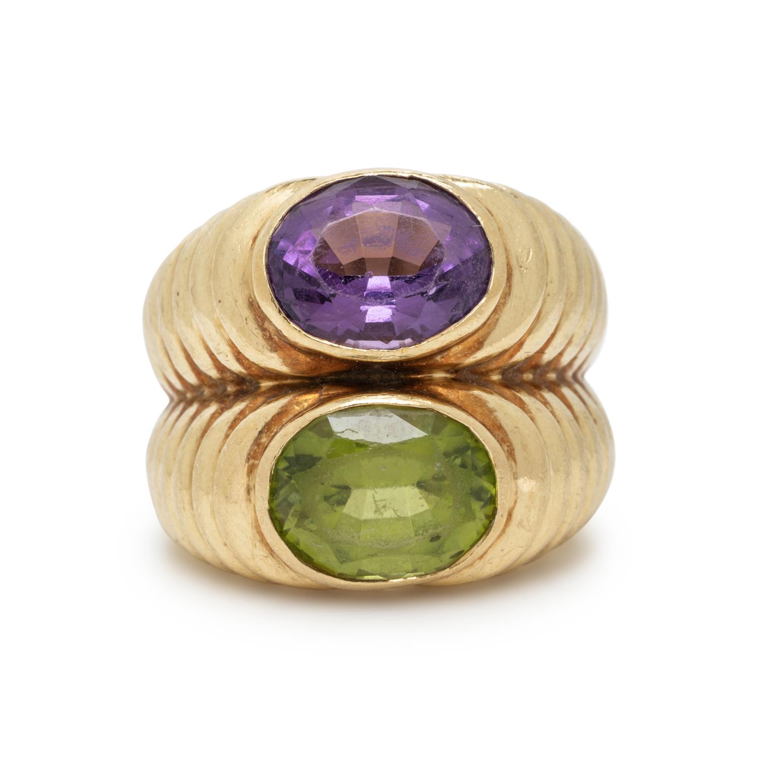 AMETHYST, PERIDOT, AND YELLOW GOLD RING