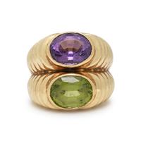 AMETHYST, PERIDOT, AND YELLOW GOLD RING