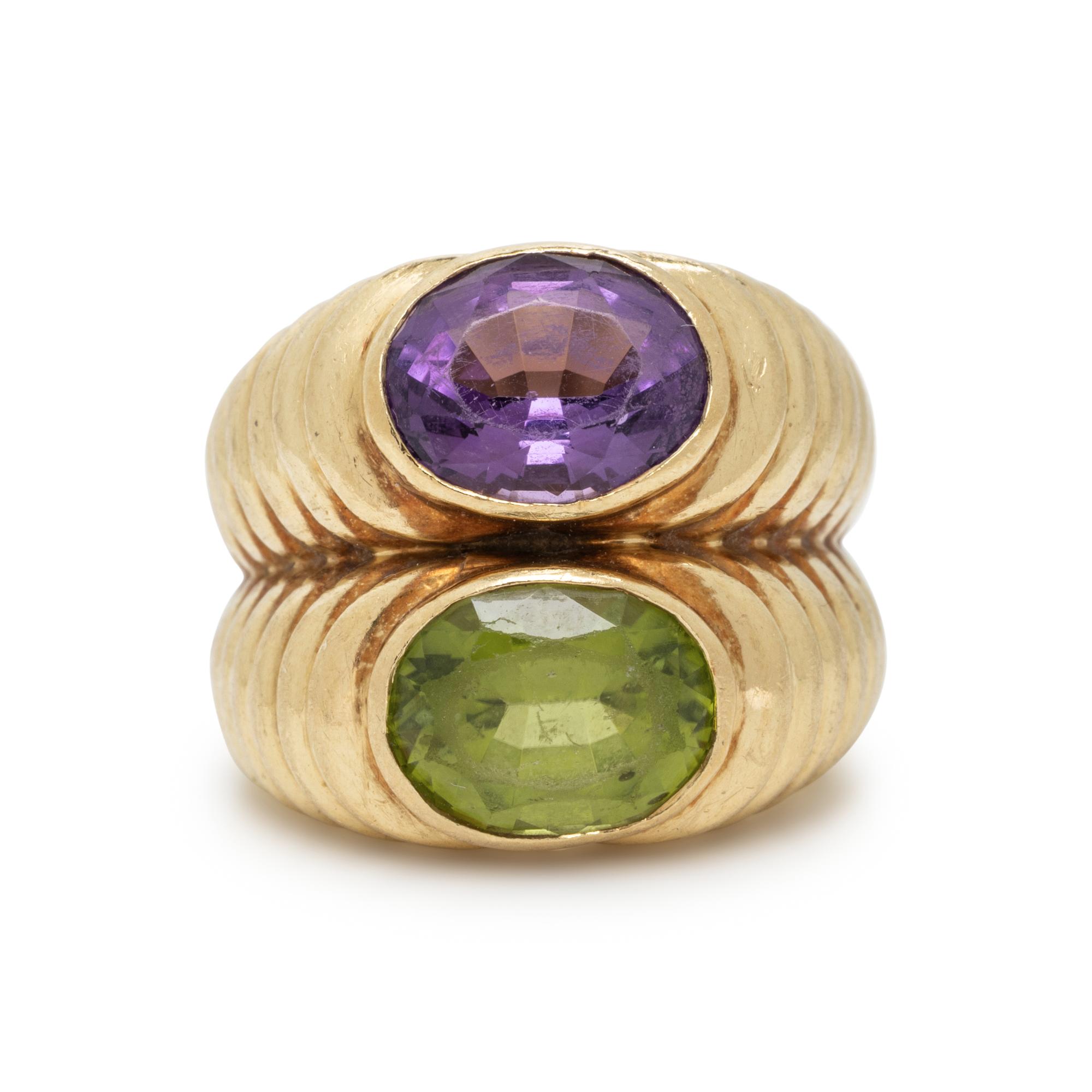 AMETHYST, PERIDOT, AND YELLOW GOLD RING