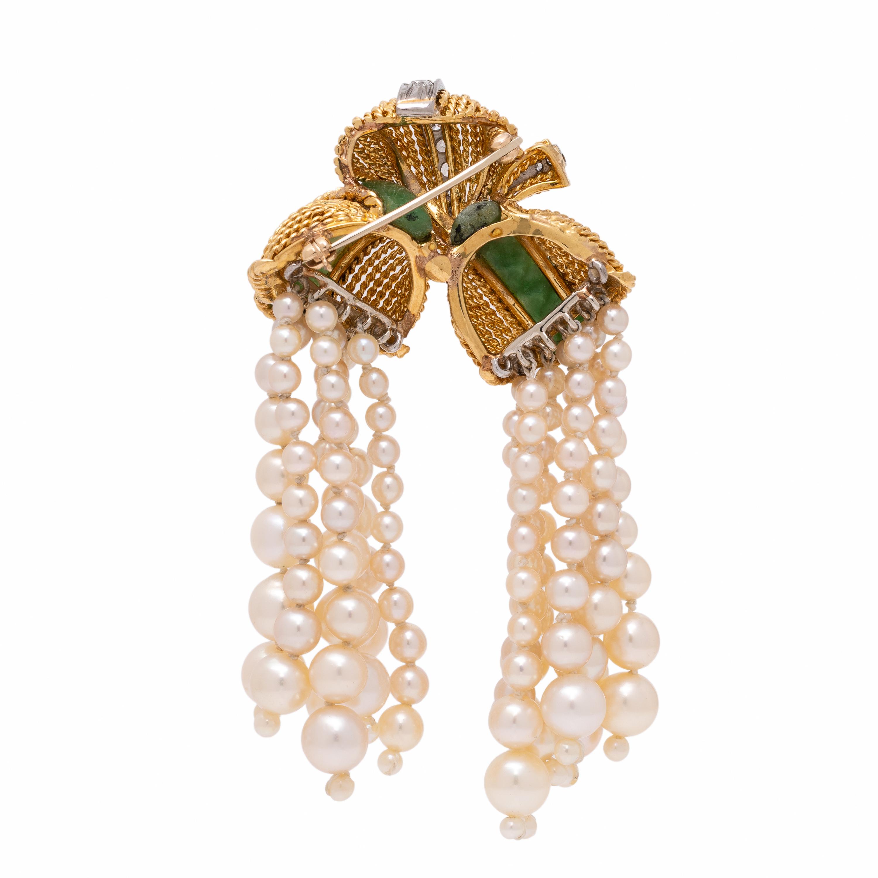 Jade, Diamond, and Cultured Pearl Brooch