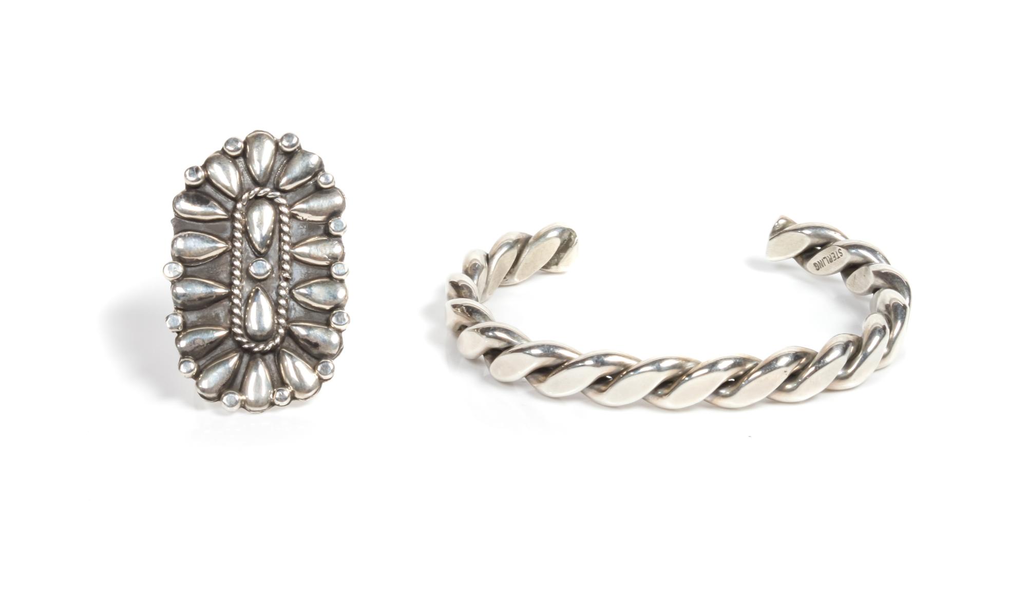 Southwestern Silver Bracelet and Ring Length 5 1/2 x opening 1 1/4 x width 1/4 inches