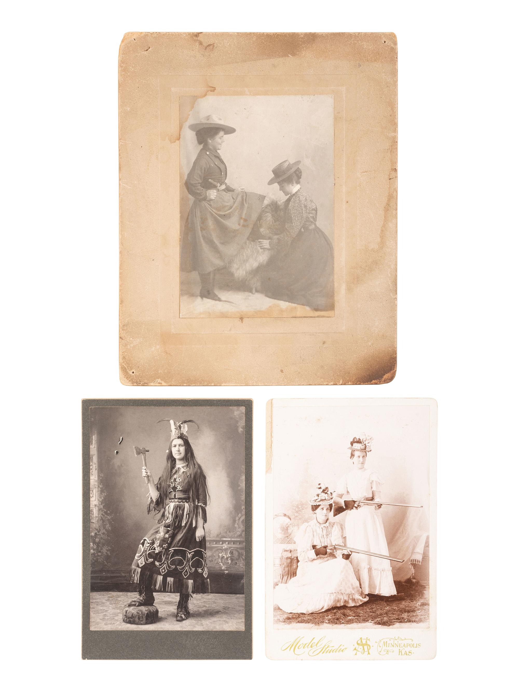 [WILD WEST SHOWS]. 4 cabinet cards of performers, incl. famed trap shooter A.H. Bogardus & his sons.