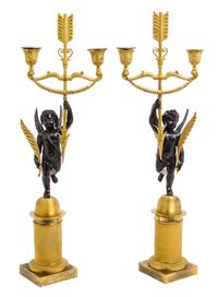 A Pair of Gilt and Patinated Bronze Two-Light Figural Candelabra Height 21 3/4 inches. — 19TH CENTURY