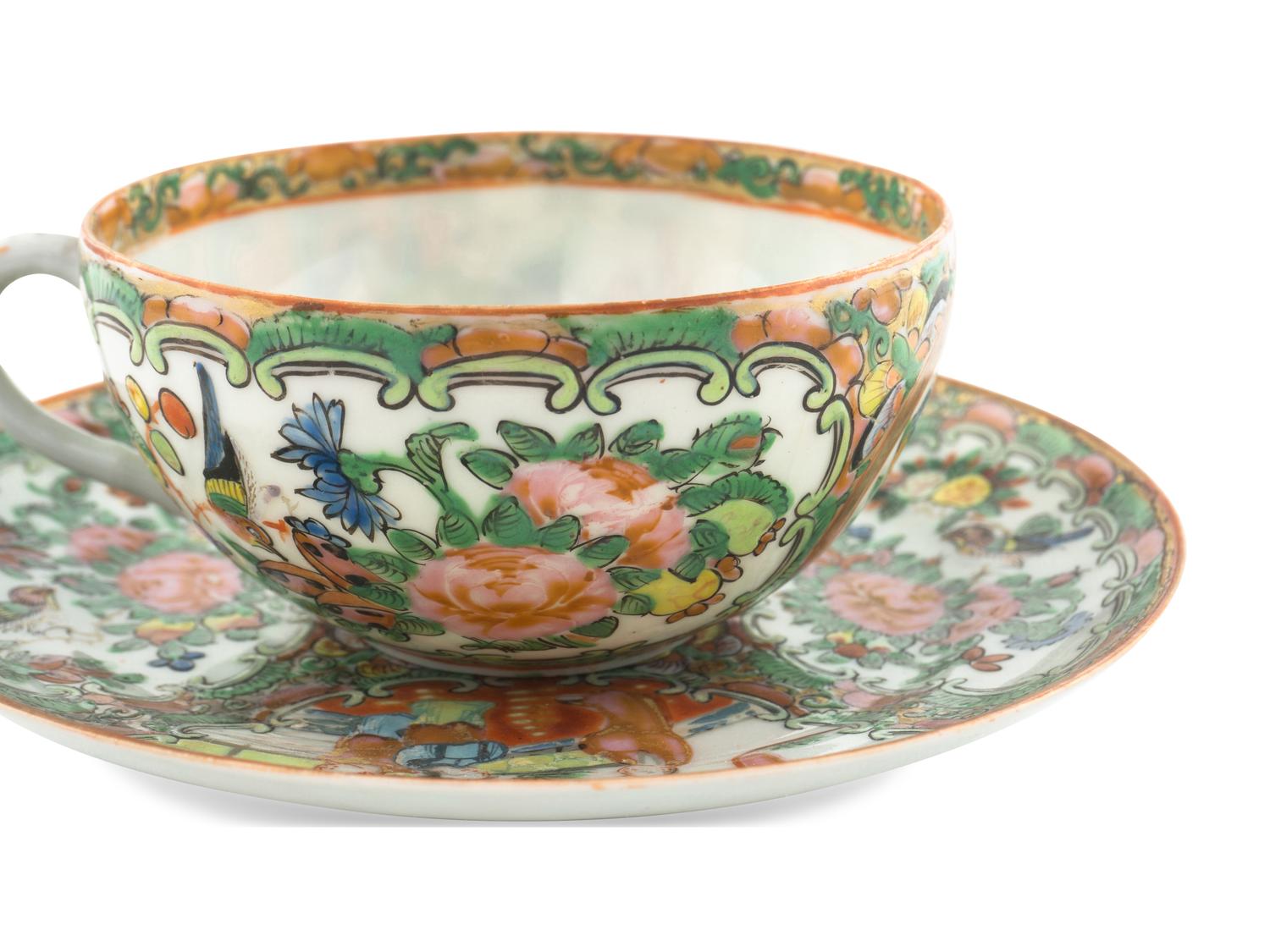 Three Chinese Export Rose Medallion Porcelain Teacups with Saucers