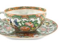 Three Chinese Export Rose Medallion Porcelain Teacups with Saucers