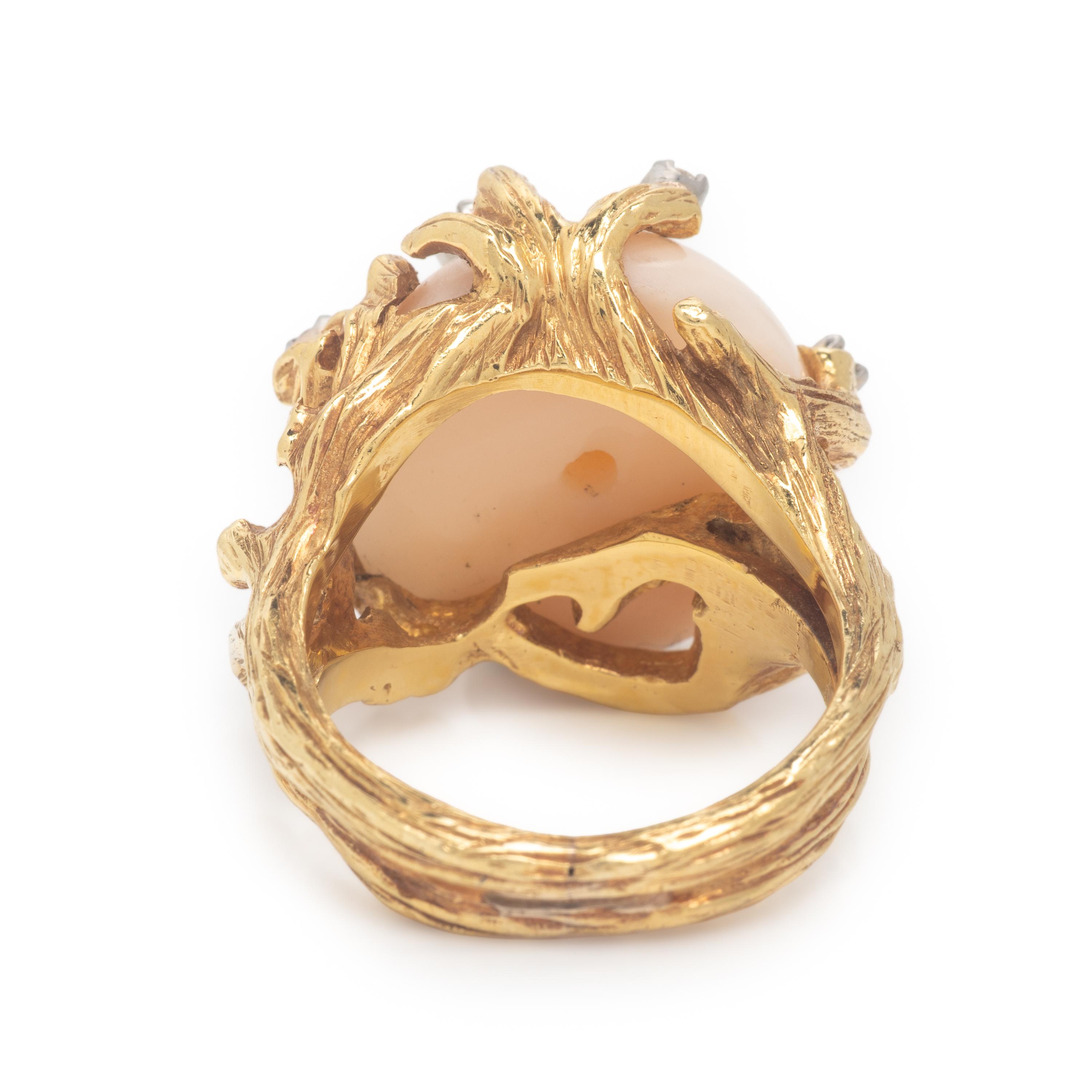 Angelskin Coral, Diamond, and Yellow Gold Ring