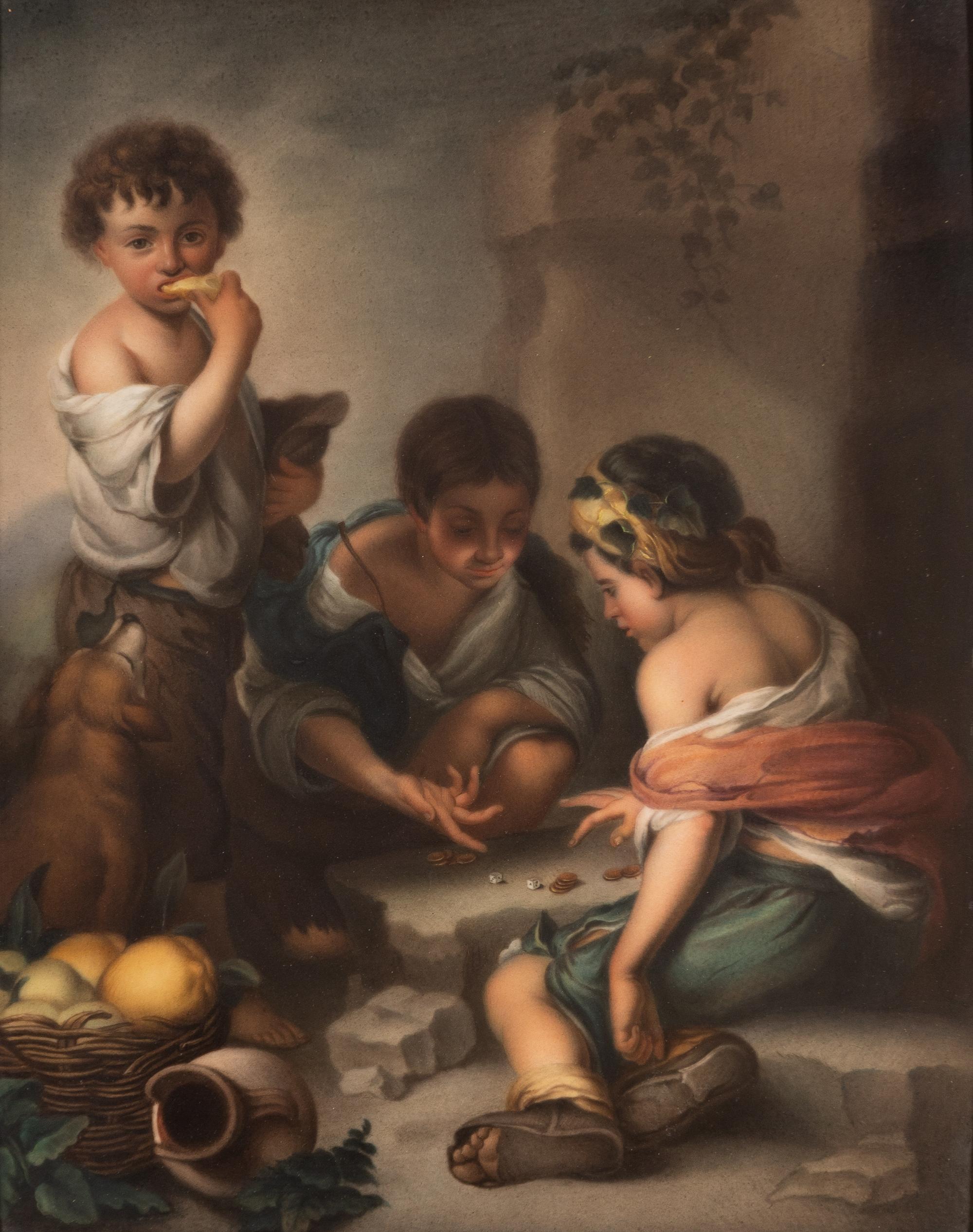 A Berlin (K.P.M.) Porcelain Plaque Depicting Three Boys Playing Dice After Bartolome Esteban Murillo