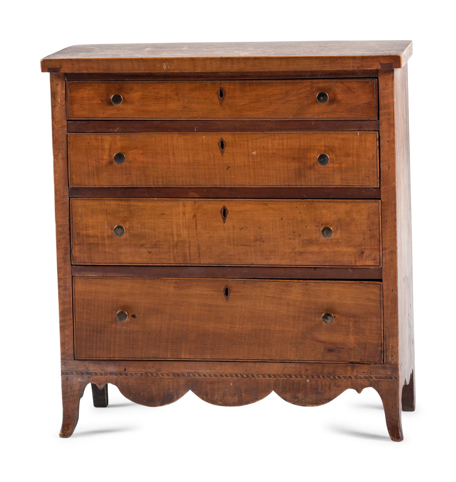 A Federal Inlaid Tiger Maple Child’s Chest of Drawers