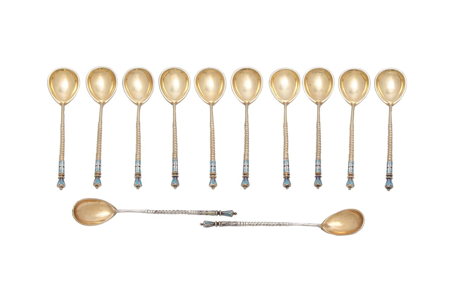 A Set of Twelve Russian Gilt-Washed Silver and Cloisonné Enamel Coffee Spoons