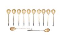 A Set of Twelve Russian Gilt-Washed Silver and Cloisonné Enamel Coffee Spoons