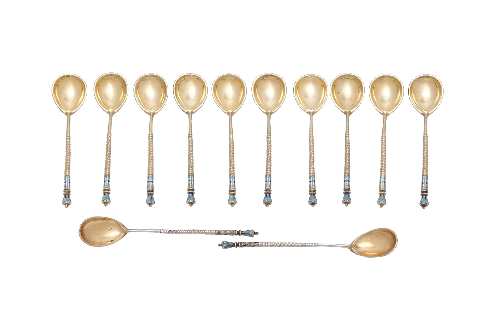 A Set of Twelve Russian Gilt-Washed Silver and Cloisonné Enamel Coffee Spoons