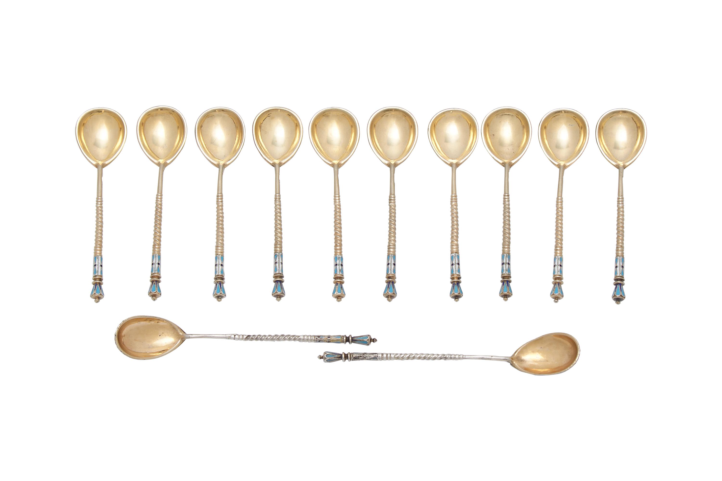 A Set of Twelve Russian Gilt-Washed Silver and Cloisonné Enamel Coffee Spoons