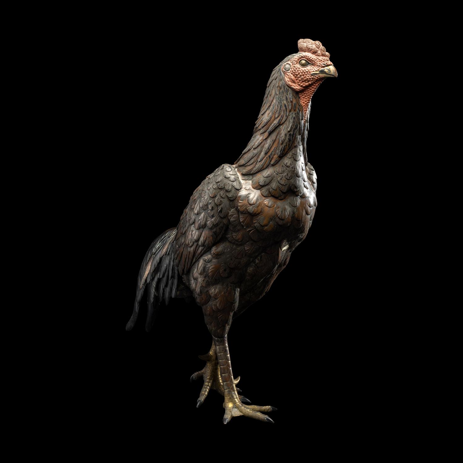 A Japanese Bronze Okimono of a Rooster, Meiji Period 日本明治時代 銅雕雄鷄