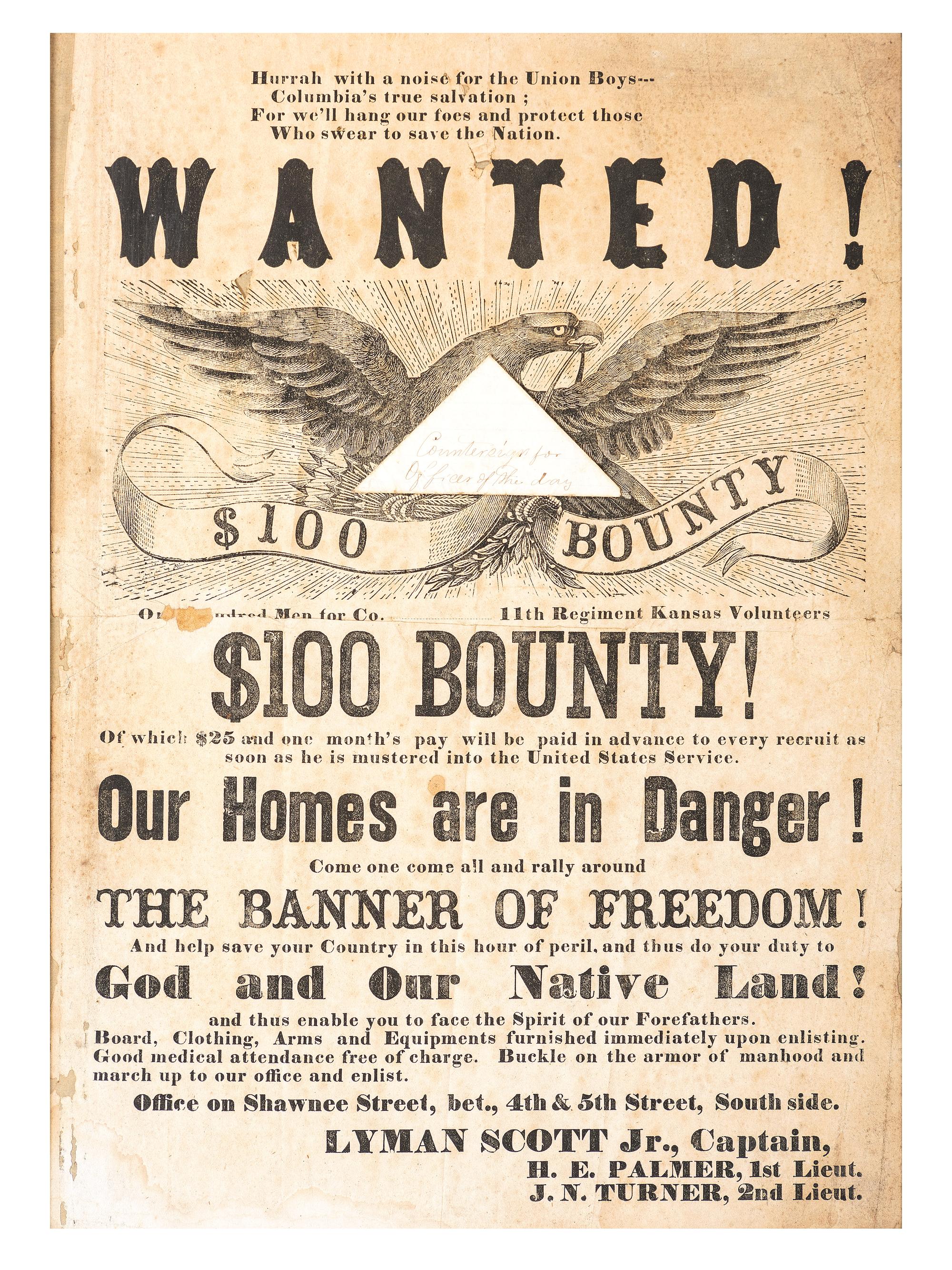 [CIVIL WAR]. Wanted!...Our Homes are in Danger! Recruitment broadside, 11th Kansas Volunteer Cavalry, [1862].