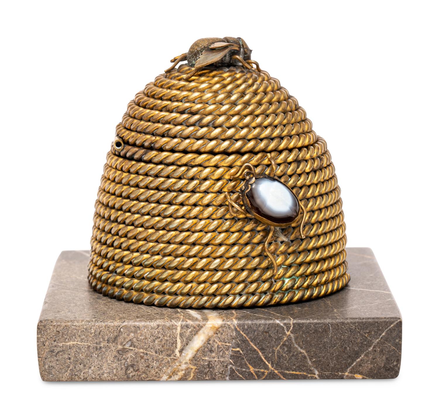 A Gilt Bronze and Hardstone Beehive Inkwell