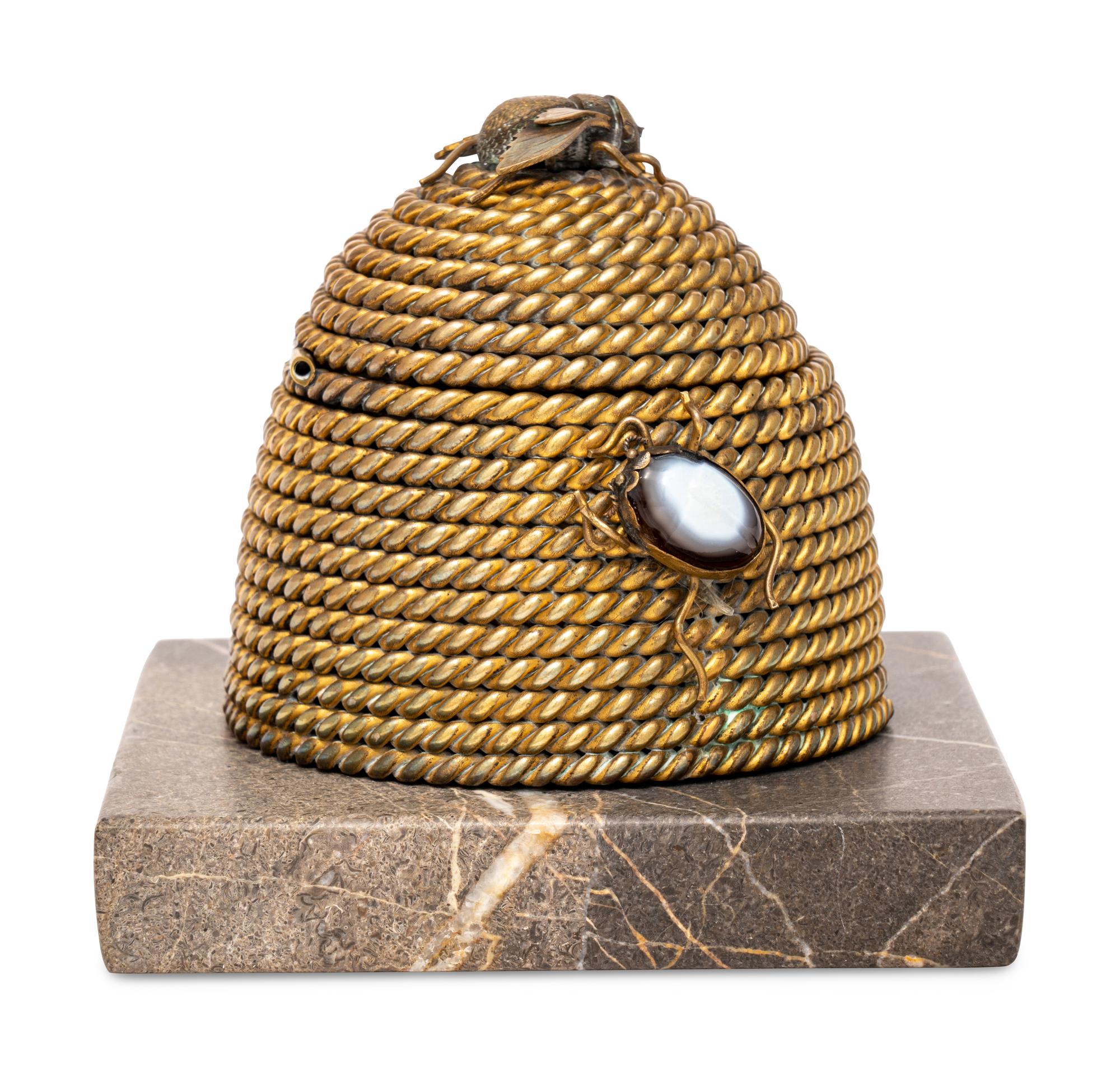 A Gilt Bronze and Hardstone Beehive Inkwell