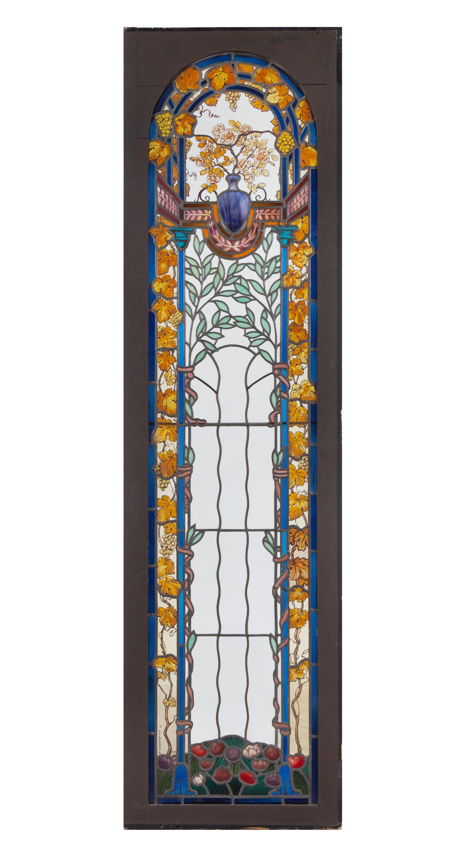 A Pair of French Leaded and Stained Glass Windows by Théophile-Hippolyte Laumonnerie (French, 1863-1924)