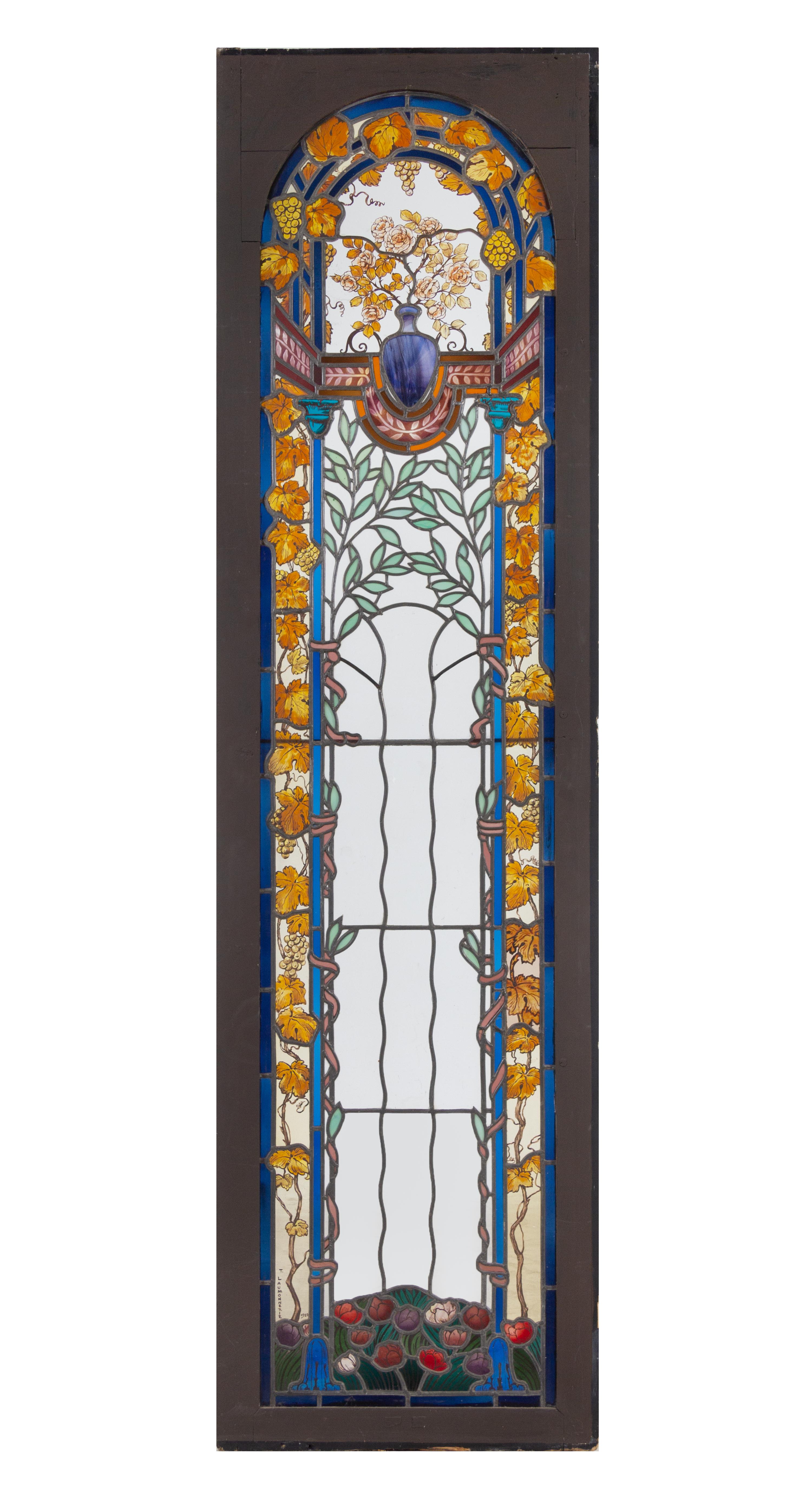 A Pair of French Leaded and Stained Glass Windows by Théophile-Hippolyte Laumonnerie (French, 1863-1924)