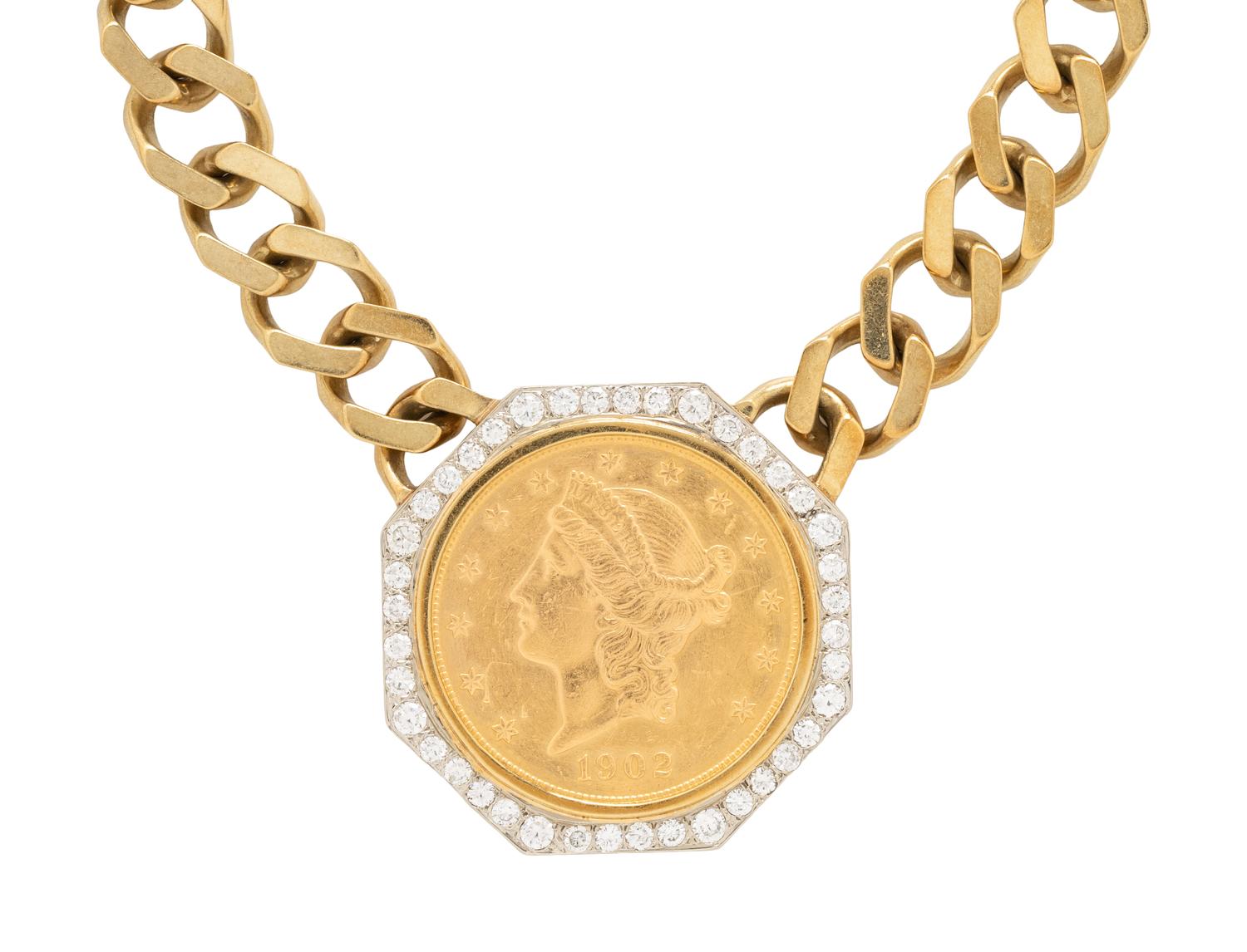 YELLOW GOLD, DIAMOND, AND COIN PENDANT NECKLACE