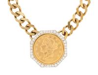 YELLOW GOLD, DIAMOND, AND COIN PENDANT NECKLACE