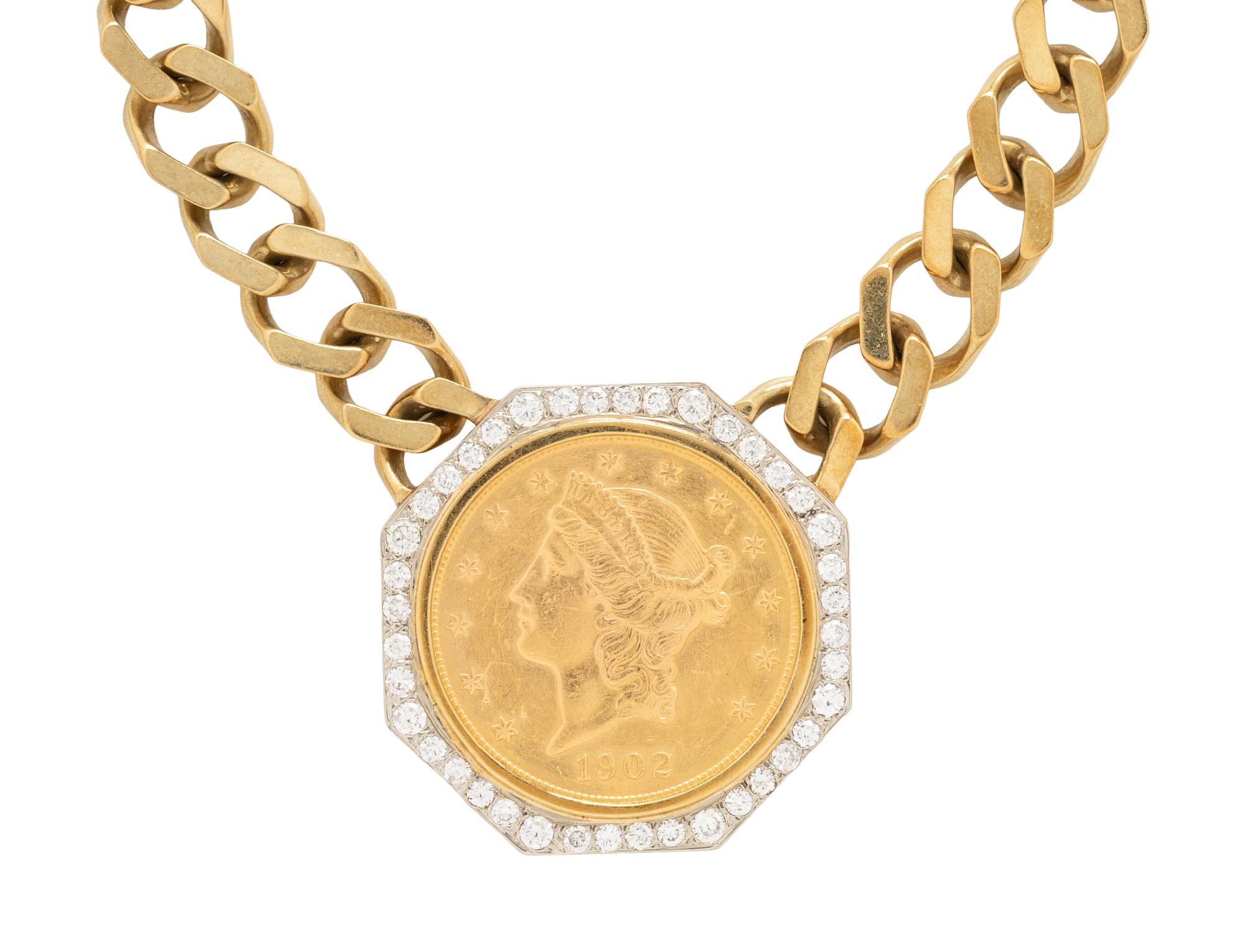 YELLOW GOLD, DIAMOND, AND COIN PENDANT NECKLACE
