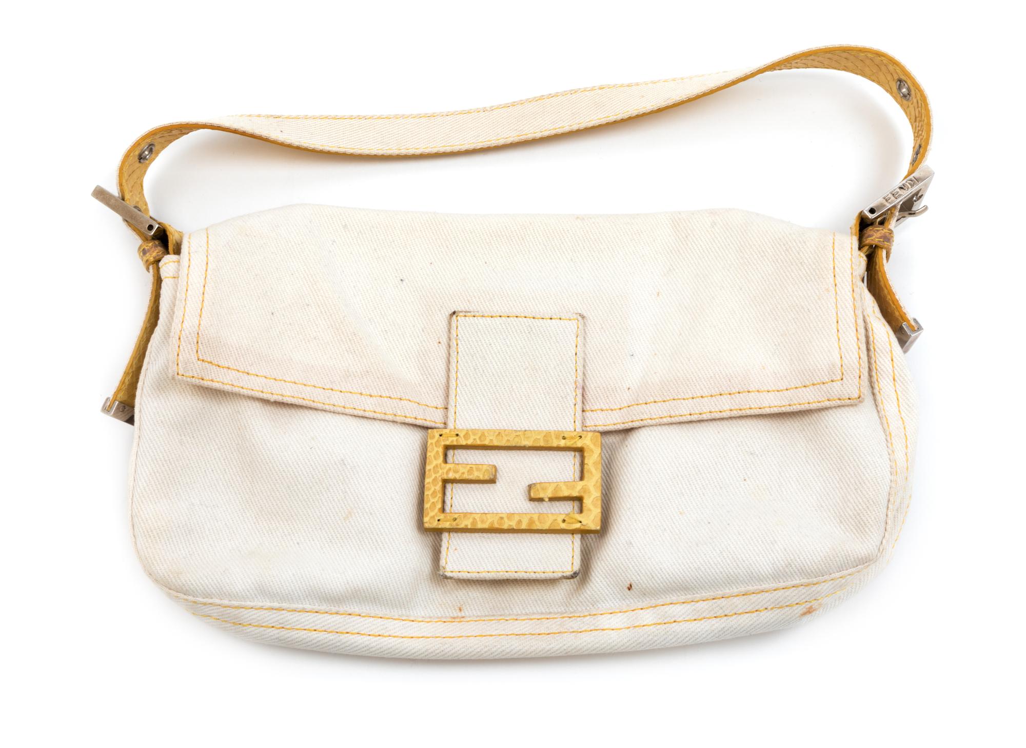 Fendi White Cotton/Yellow Skin Trim Baguette, 1990-2000s