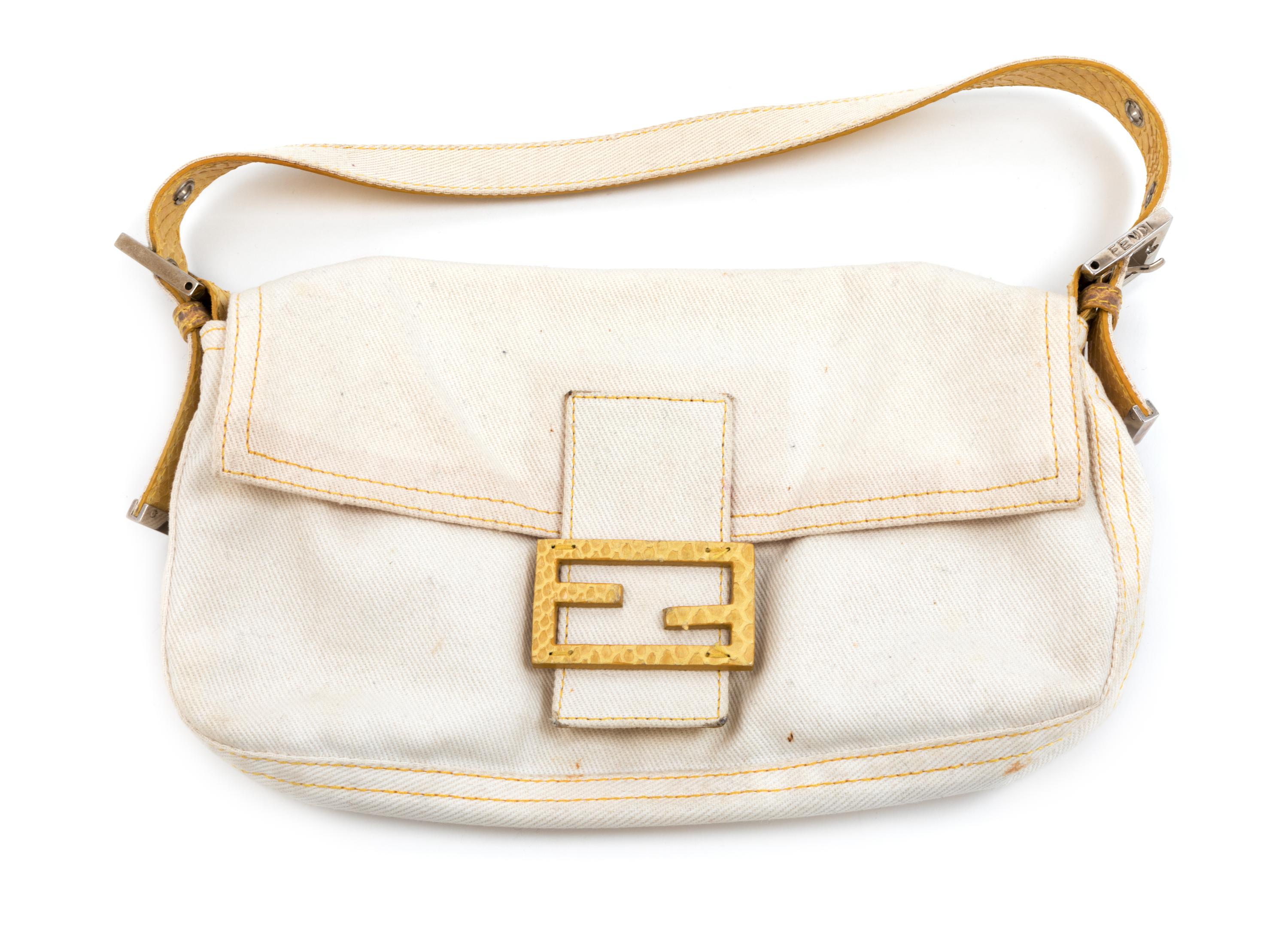 Fendi White Cotton/Yellow Skin Trim Baguette, 1990-2000s