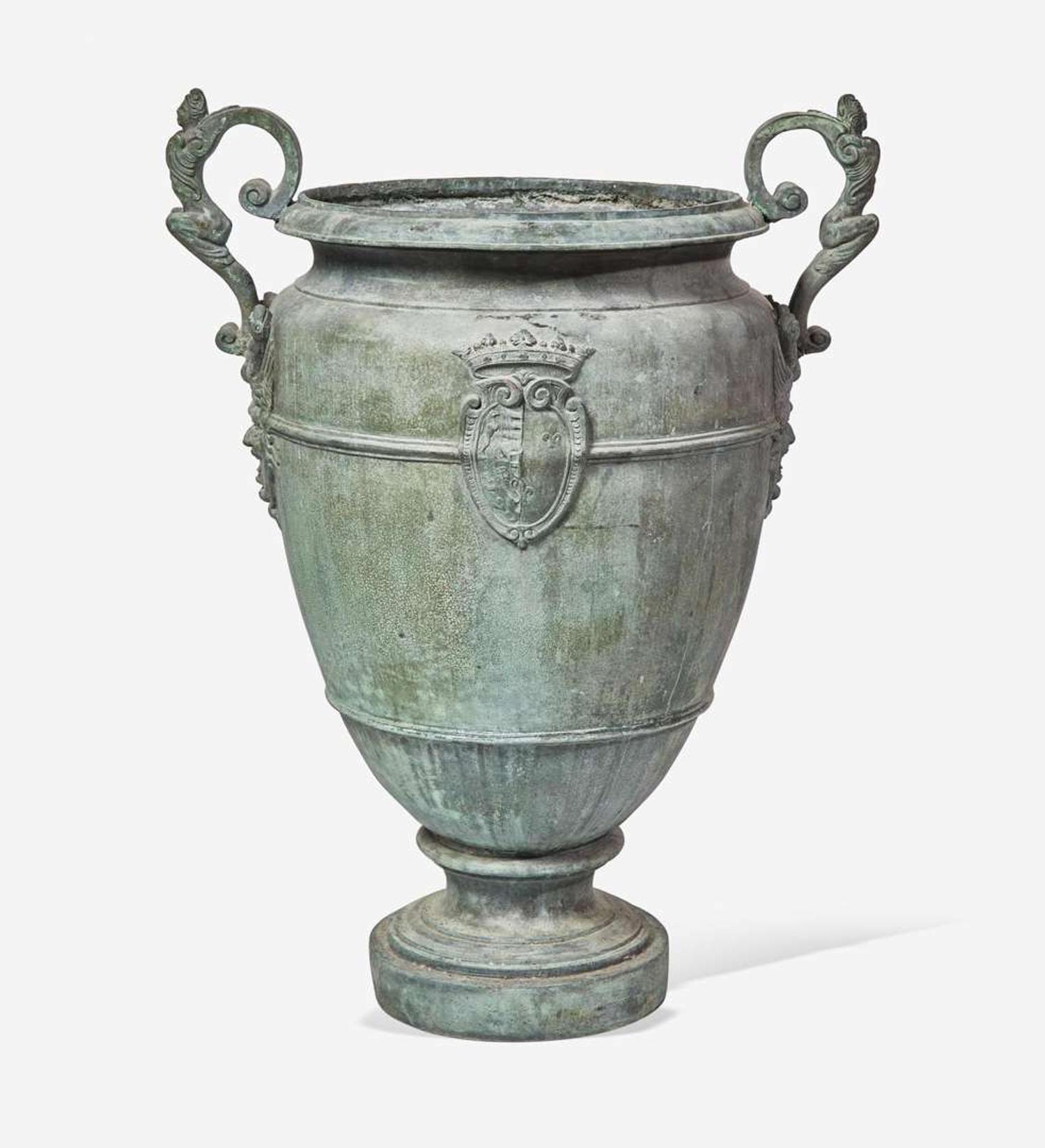 An Italian bronze royal marriage urn bearing the combined arms of the House of Savoy and France 17th century