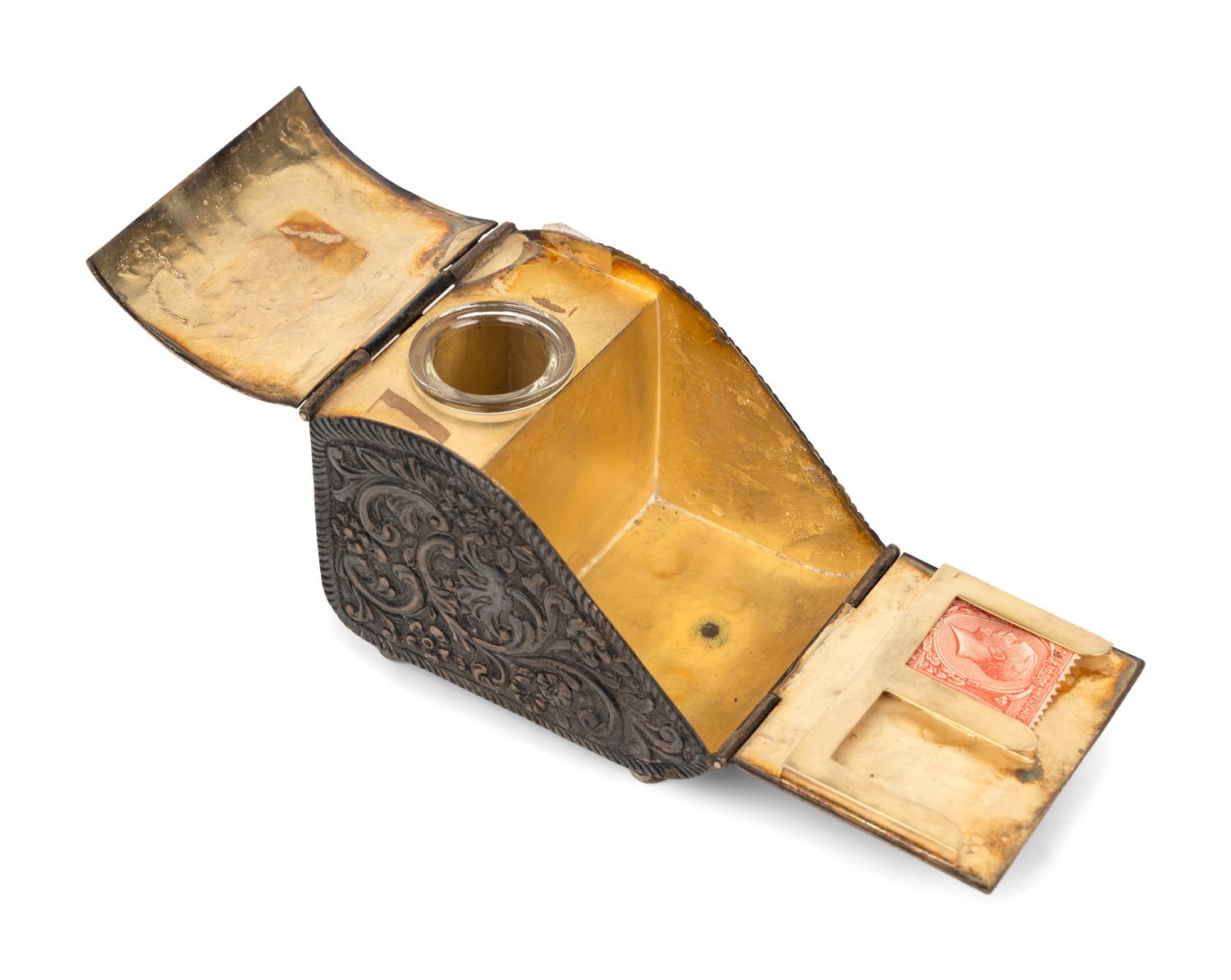 Two Piano-Form Inkwells and an English Silver Letterbox Inkwell