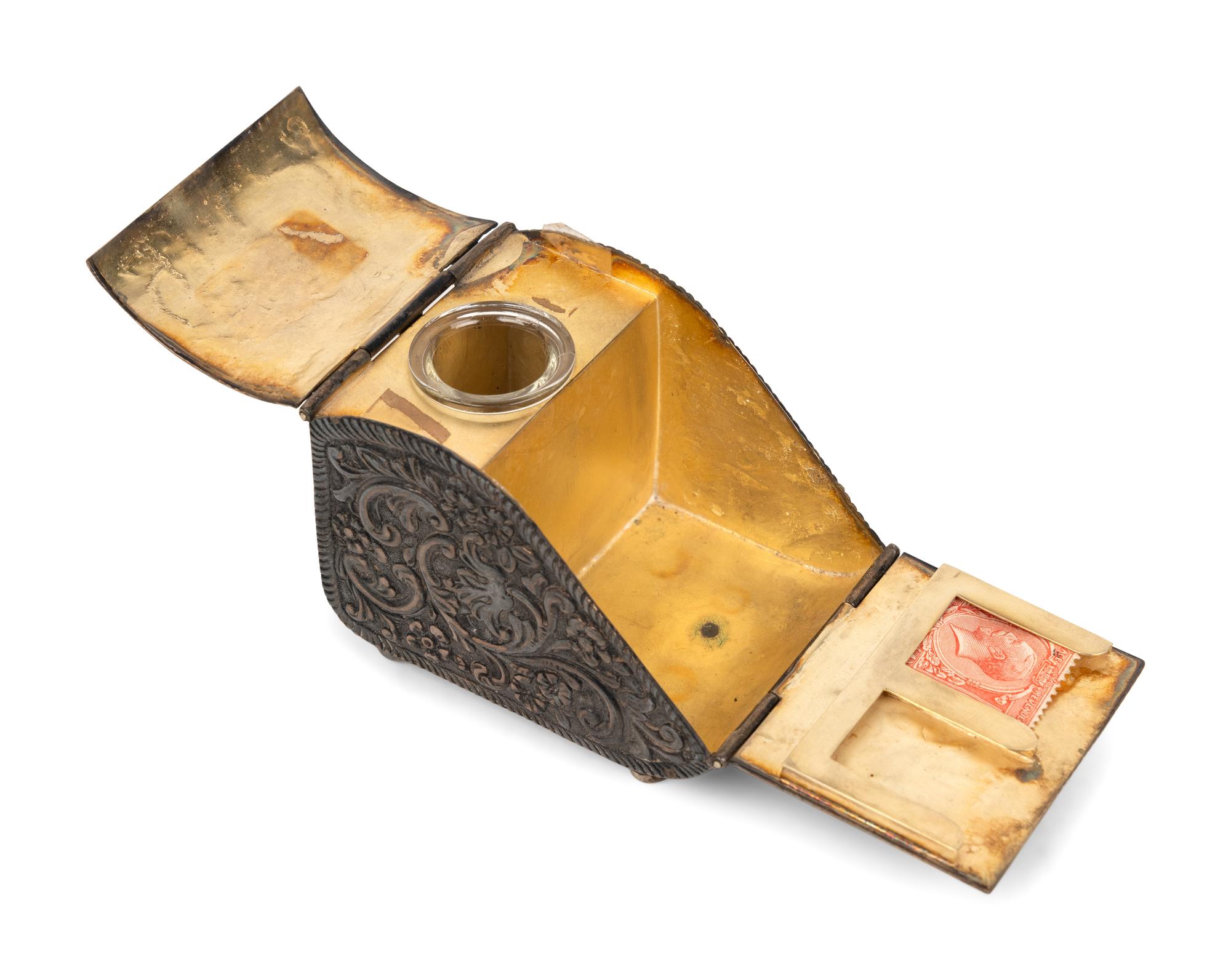 Two Piano-Form Inkwells and an English Silver Letterbox Inkwell