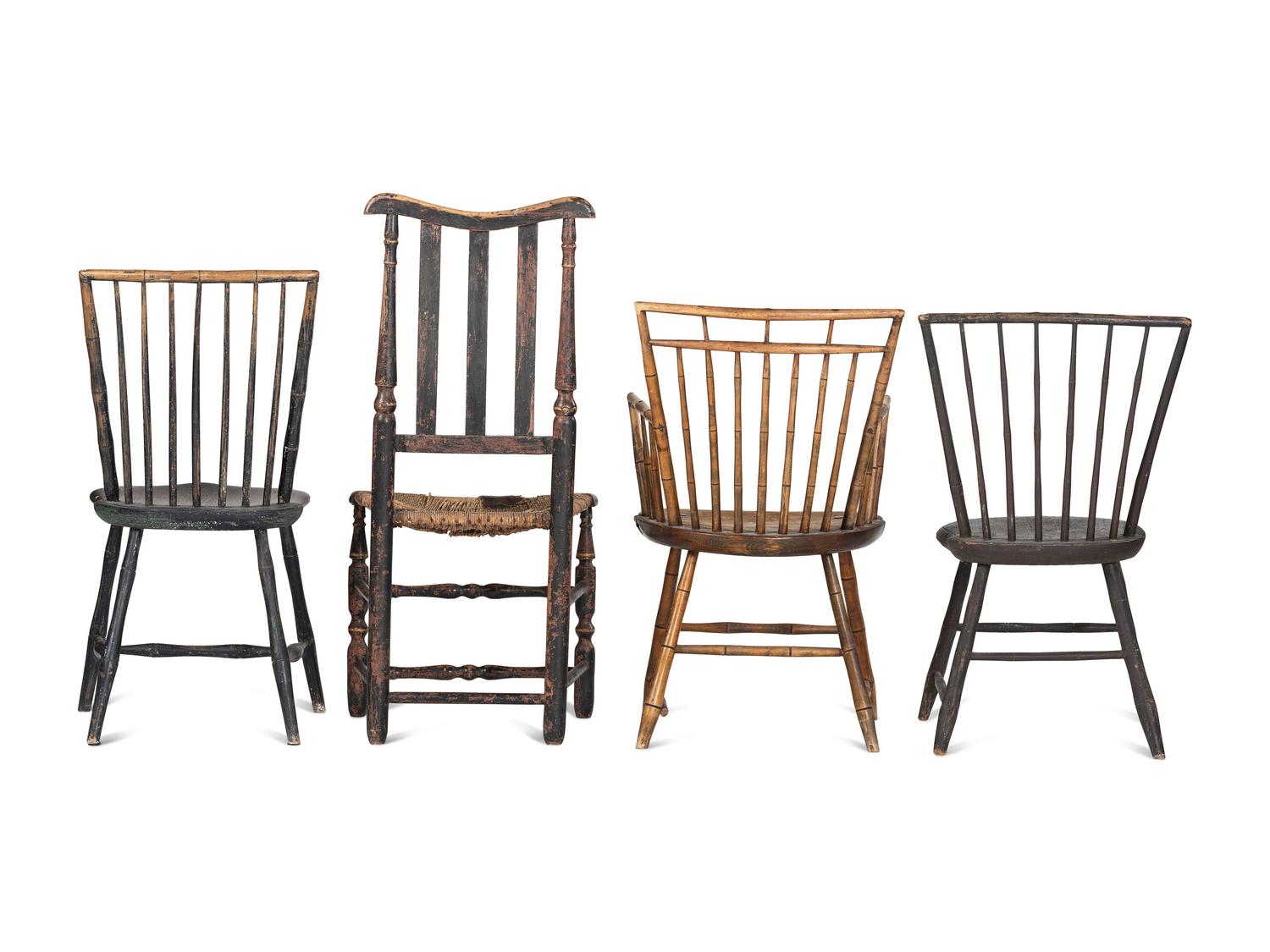 Three Windsor Side Chairs and a Bannister Back Chair