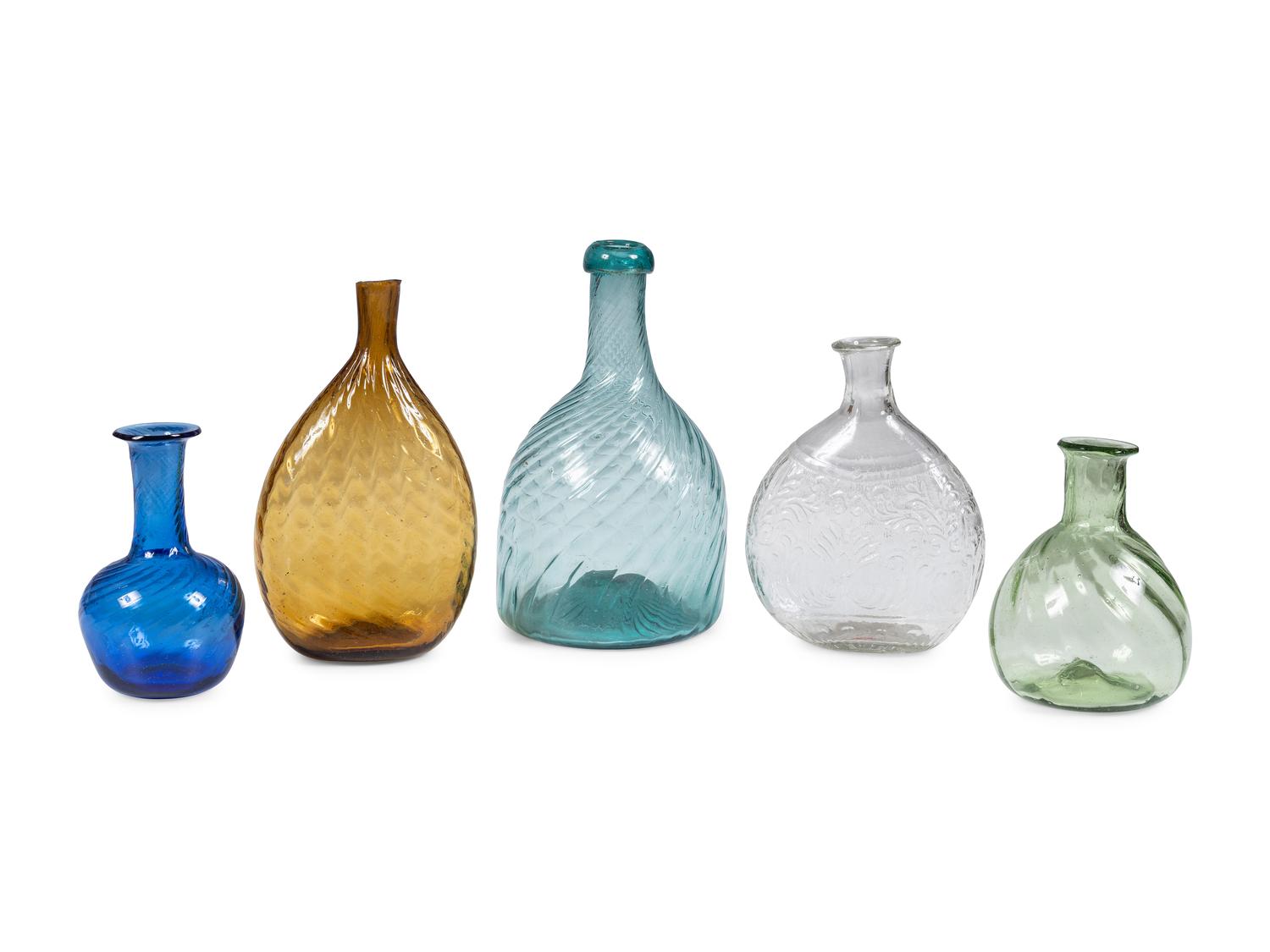 Five Early American Glass Pattern Molded Flasks and Bottles