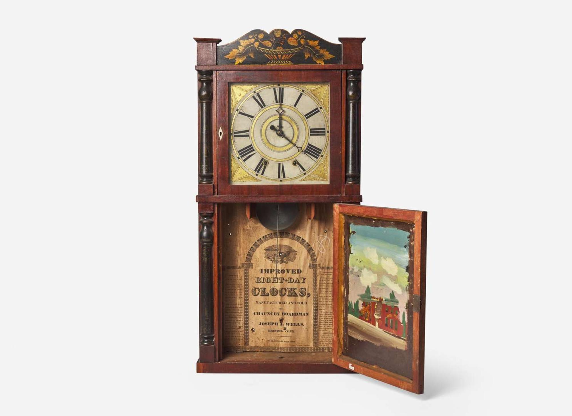 A rare painted, stenciled and mahogany "Independence Hall" mantel clock, bears printed label of Chauncey Boardman & Joseph Wells, Bristol, CT, circa 1830