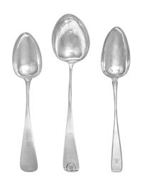 Three Continental Silver Basting Spoons, Likely German, 19th Century, each having a downturned Hanoverian handle, one example with an a